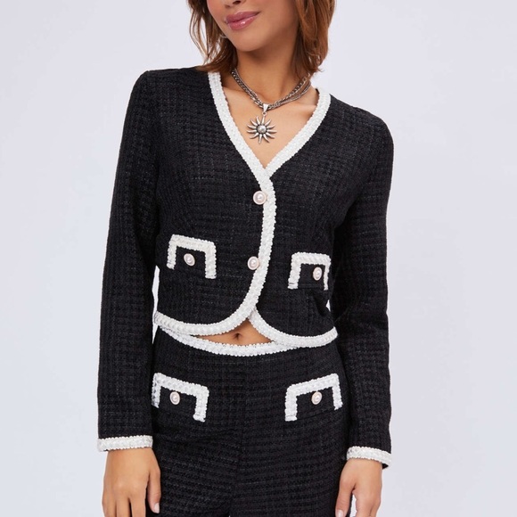 Cider Jackets & Blazers - Cider Black and White Tweed Blazer Cropped Tailored